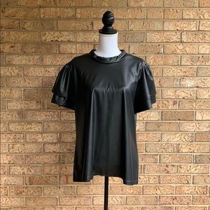 Faux Leather Ruffle Sleeve Blouse